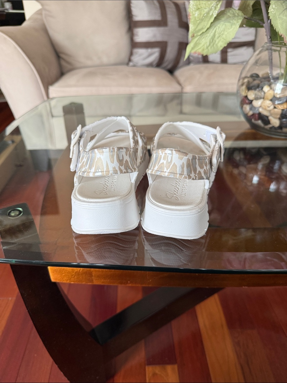 Skechers Women’s White and Beige Leopard Print Sandals - Picture 3 of 6